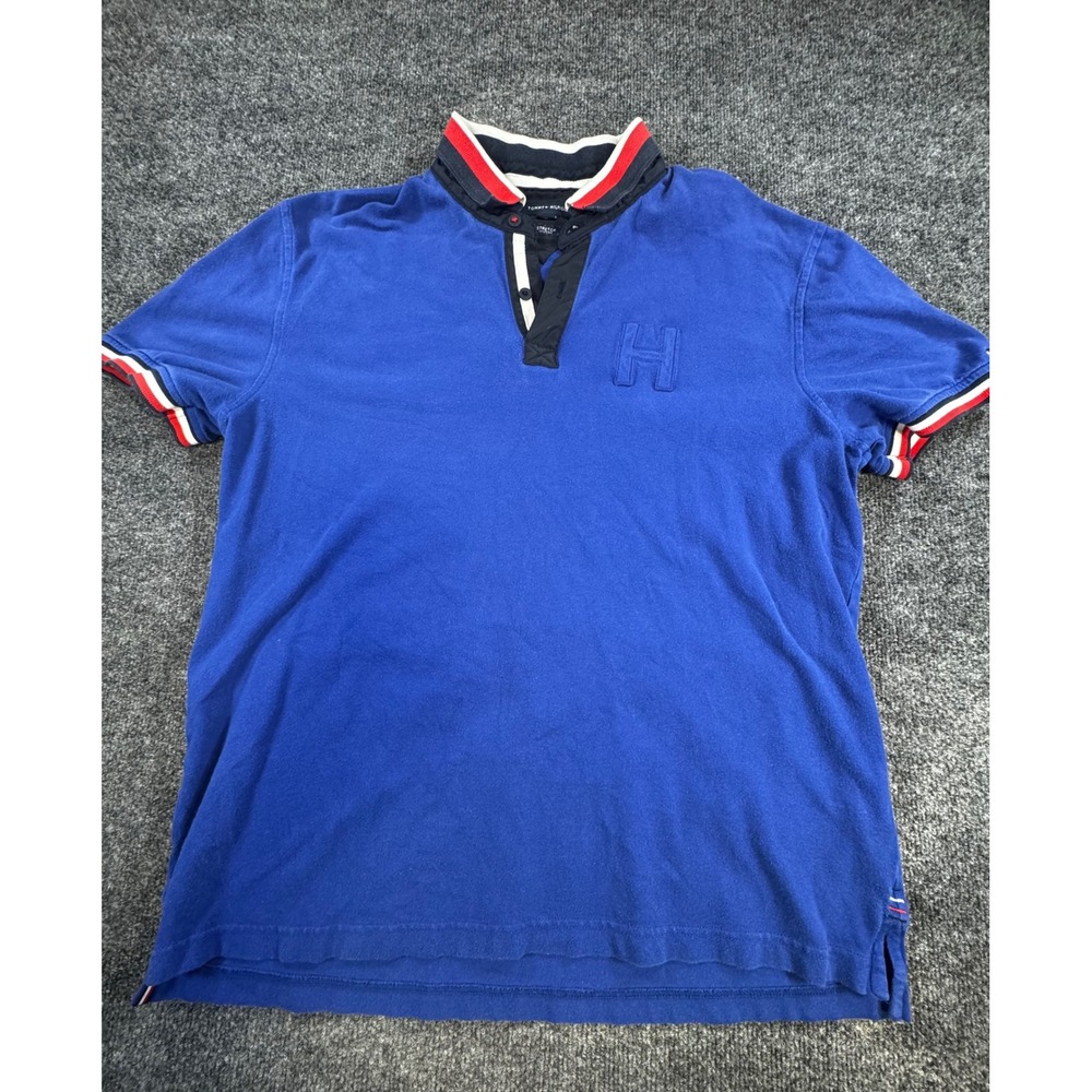 Tommy Hilfiger Mens Blue Short Sleeve Stretch Polo Shirt Tonal H Logo Large